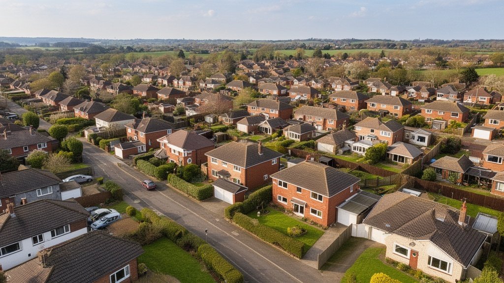 Wide aerial view of Coventry and Warwickshire residential suburbs with mixed property types