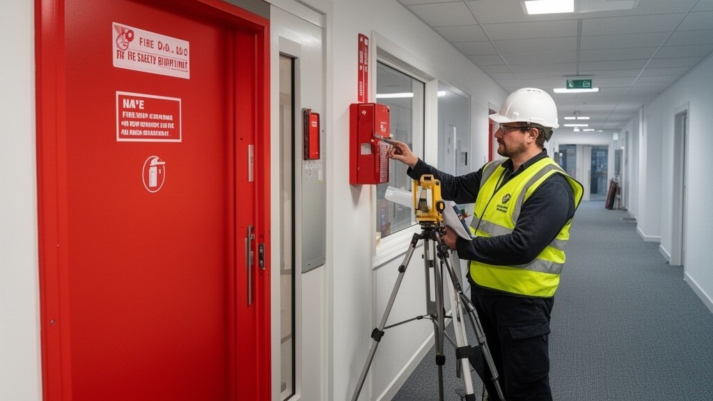 Professional surveyor checking fire door compliance and fire safety equipment in a commercial building