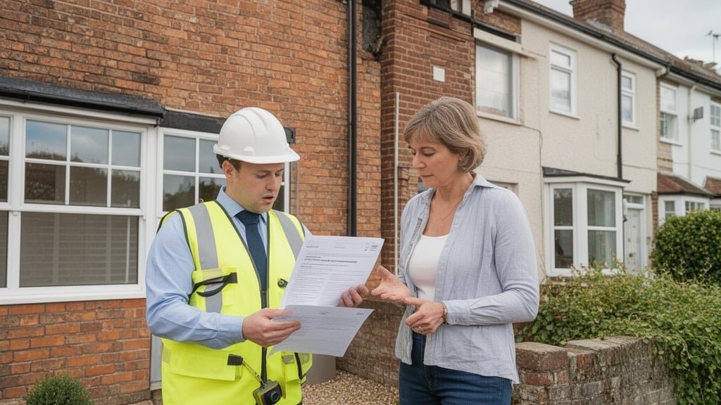 Surveyor and homeowner discussing party wall agreement documents outside semi-detached properties