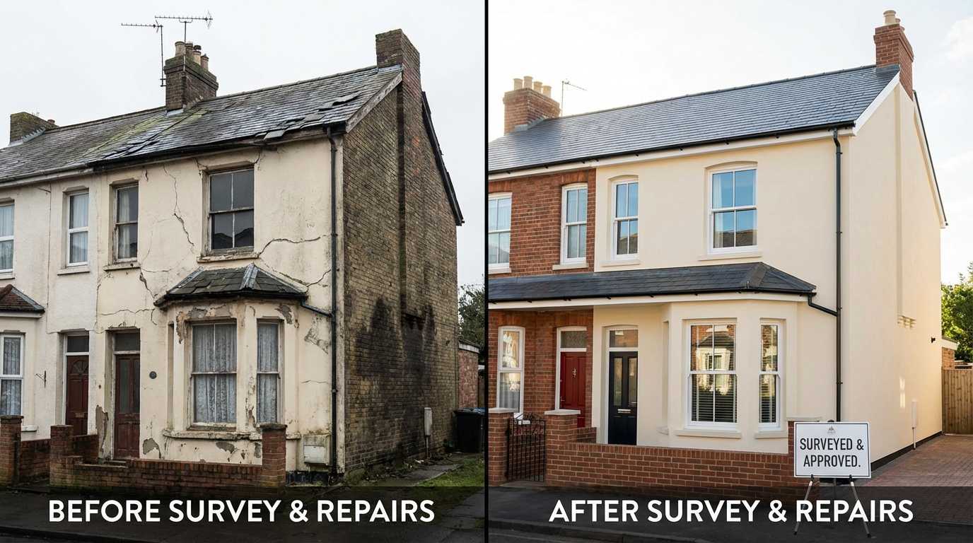 Property condition comparison showing defects identified during a building survey in Coventry